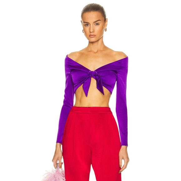 Alex Perry Ford Off Shoulder Bow Tie Crop Top in Purple 8 New Womens Satin Blous - Picture 1 of 15